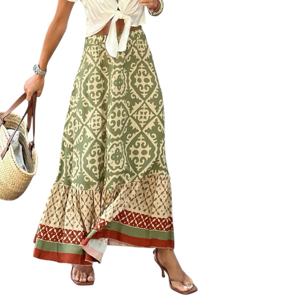 NEW Boho Geometric Elastic Waist Maxi Skirt Cottagecore Prairie Flowy Gypsy
